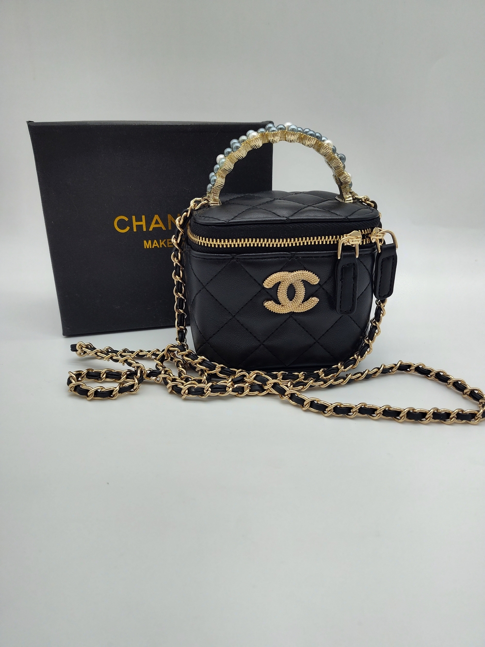 CHANEL MAKEUP Promo Black Quilted Vanity Case Pearl Handle Chain Crossbody NIB